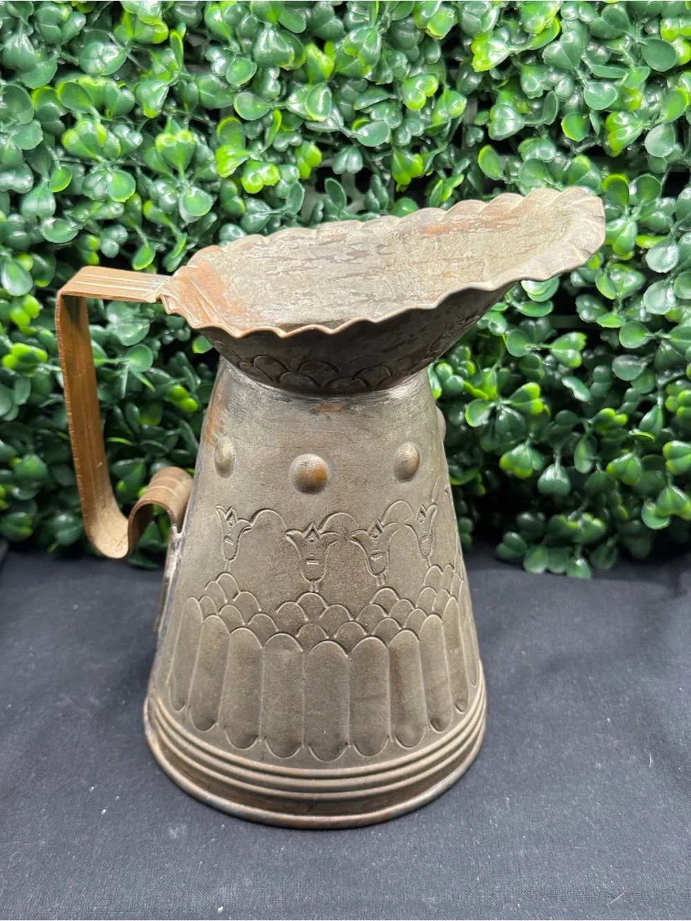 Antique Middle Eastern Tinned Copper Pitcher Ewer - Hand Hammered Floral Design